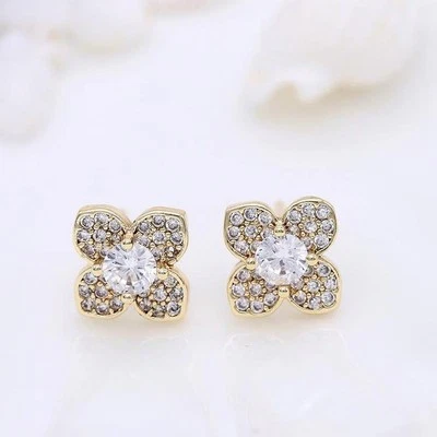 1Pair 18K Gold Plated Clover Stud Earrings, Minimalist Jewelry Supply, CZ Micro - Image 1 of 4