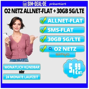 🚀🔥Handytarif O2 Netz ALLNET-FLAT + 30GB 5G/ LTE für 5,99 EUR mtl kündbar 📶 - Bild 1 von 1