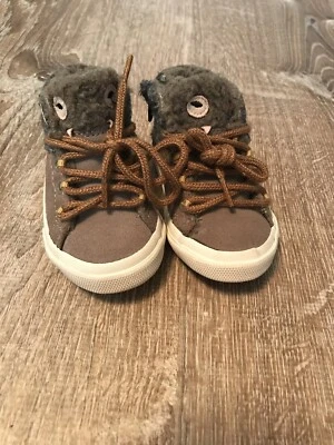 Zara Baby Shoes Boy 6-9 mos Beige Gray Tweed Leather Boots Monster Face Zipper - Image 1 of 4