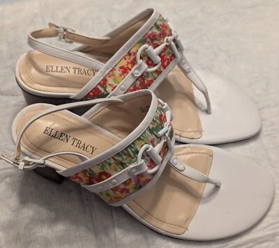 Sandalias de cuero blancas Ellen Tracy Candela herrajes florales y ecuestres talla 8,5 M Foto 1 de 4