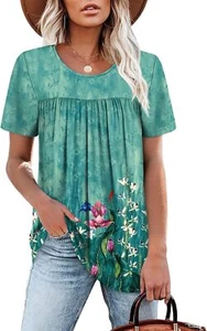 Womens Short Sleeve Loose Fit T Shirt Round Neck Pleated Summer Casual Top - Picture 1 of 24