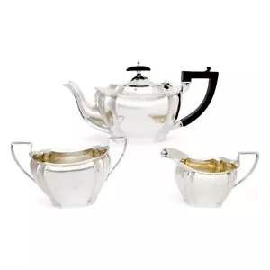 Antique Edwardian sterling silver 3 pc tea set, octagonal fluted form, 477.5 g - Picture 1 of 20