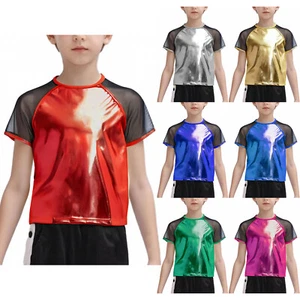 Kids Boys Girls Shiny Metallic T-shirts Hip Hop Jazz Dance Top Stage Performance - Picture 1 of 75