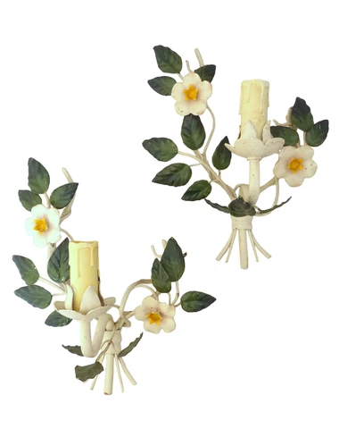 Charming Florentine PAIR Wall Light Enameld Metal Tole Flowers 1950 Italian Cover