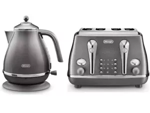 DELONGHI Icona Metallics 3000W 1.7L Kettle & Matching 4-Slice Toaster - Grey. - Picture 1 of 14