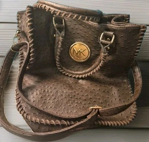 Michael Kors Tooled Quill Ostrich Brown Double Handle Strap Bag Purse Tote - Picture 1 of 19