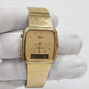 Vintage Seiko Watch Wrist Men Gold Tone Ana-Digital H448-5089 New Battery - Picture 1 of 11
