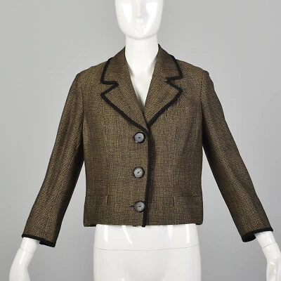 L 1960s Brown Jacket Boxy Tweed Black Trim 3/4 Sleeve Lightweight Blazer 60s VTG - Image 1 of 4