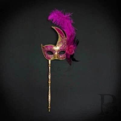 Holding Stick Party Mask | Feather Masquerade Mask Gold Hot Pink M6131 - Image 1 of 4