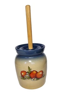 Vintage Stoneware Apple Apples Fruit Butter Churn Crock & Lid w/ Wood Dasher EUC - Picture 1 of 13