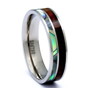 Hawaiian Koa Wood Ring With Abalone Inlay, 6mm Titanium Wedding Band - Picture 1 of 4