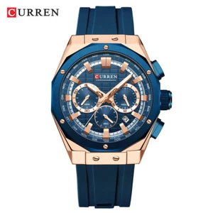 CURREN Men Blue Watch Multifunction Wristwatch Silicone Strap Male Sport Watches - Picture 1 of 26