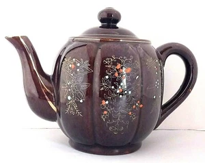 Moriage Japan Redware Brown Glazed Teapot Hand Painted Applied Slip Decoration - Picture 1 of 12