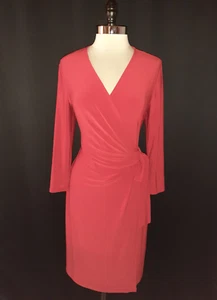 NEW ANNE KLEIN Size L Faux Wrap Dress Red Long Sleeve Stretch Knit Knee Length - Picture 1 of 4