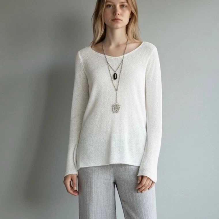 Suéter Acrobat 100% Lino Talla L Blanco Cuello en V Calce Relajado Lagenlook Costero Nuevo sin Etiquetas Foto 1 de 4