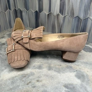 Nine West Beige Wisemove Suede Block Heel Jewel Buckle Kiltie Loafers 11M EUC - Picture 1 of 6