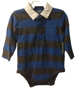 Body neonato Okie Dokie manica lunga pezzo unico bambino taglia 6 Mo blu grigio righe - Foto 1 di 5
