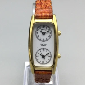 Reloj de Colección Orvis Dual Time 21mm Para Hombre Tono Dorado Correa de Cuero Batería Nueva - Imagen 1 de 15