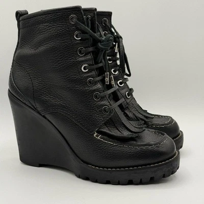 Botines Tory Burch Kiltie de cuero negro con cuña cremallera lateral sin usar, en caja, detalle de flecos 8,5 Foto 1 de 4