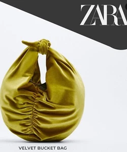 ZARA WOMEN NWT VELVET KNOTTED BUCKET CROSSBODY BAG OCHRE GOLD CHAIN BLOGGER FAV! - Picture 1 of 7