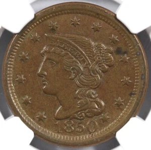1850 1c N-2 Braided Hair Large Cent NGC AU 58 - Picture 1 of 5