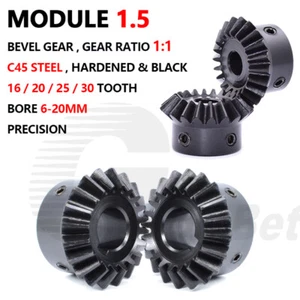 Module 1.5 Bevel Gear C45 Steel Gear Ratio 1:1 16/20/25/30 Tooth Hardened Black - Picture 1 of 14