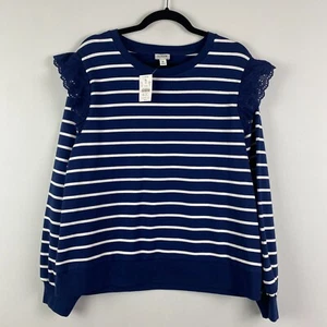 J. CREW Eyelet Ruffle Blue Striped Pullover Sweatshirt XL Navy White BE275 - Picture 1 of 13