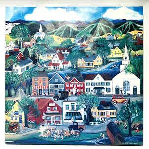 QUIET SUMMER DAY VILLAGE PRINT Jessica Wasilewski New England Folk Art Giclee - Picture 1 of 12