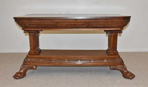 Antique Walnut Library Table Claw Feet Circa 1910 Fluted Columns Cover