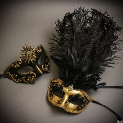 Luxury Black Gold Men & Women Couple Masks Masquerade Costume Party Mask Feather - Image 1 of 3