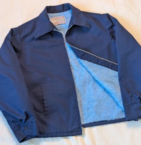 Giacca Sears vintage anni 70 blu navy foderata in pelliccia ritagliata classica boxy da lavoro zip taglia large - Foto 1 di 8