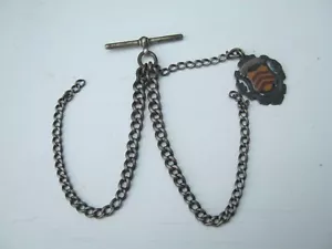 Antik Sterlingsilber Taschenuhr Doppel Albert Kette T Bar & Emaille Anhänger - Bild 1 von 6