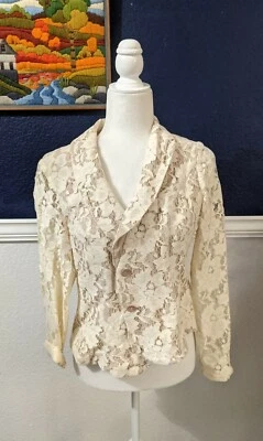 CAbi #249 Floral Lace Lacy Nude Ivory Beige Cut Out Blazer Jacket Sz 6 Small — 第 1/4 张图片
