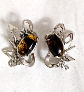 TAXCO MEXICO OSCAR ESCORCIA SIGNED 950 STERLING SILVER DESIGNER EARRINGS; AMBER - Picture 1 of 24