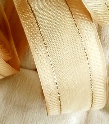 Creamy Tea Stain Look 2.5" by 5 yd Wired Ribbon Gold Metallic Christmas Country - Image 1 of 4