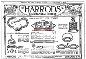 Anuncio de la Primera Guerra Mundial para la gama de cubiertos y cubiertos HARRODS (2) impresión antigua de 1916 734/85 - Imagen 1 de 1