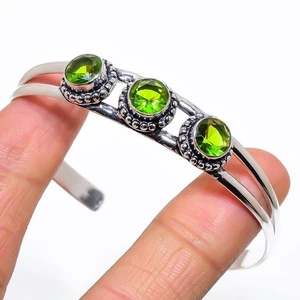 Green Peridot Gemstone Handmade 925 Sterling Silver Adjustable Cuff Bracelet - Picture 1 of 1