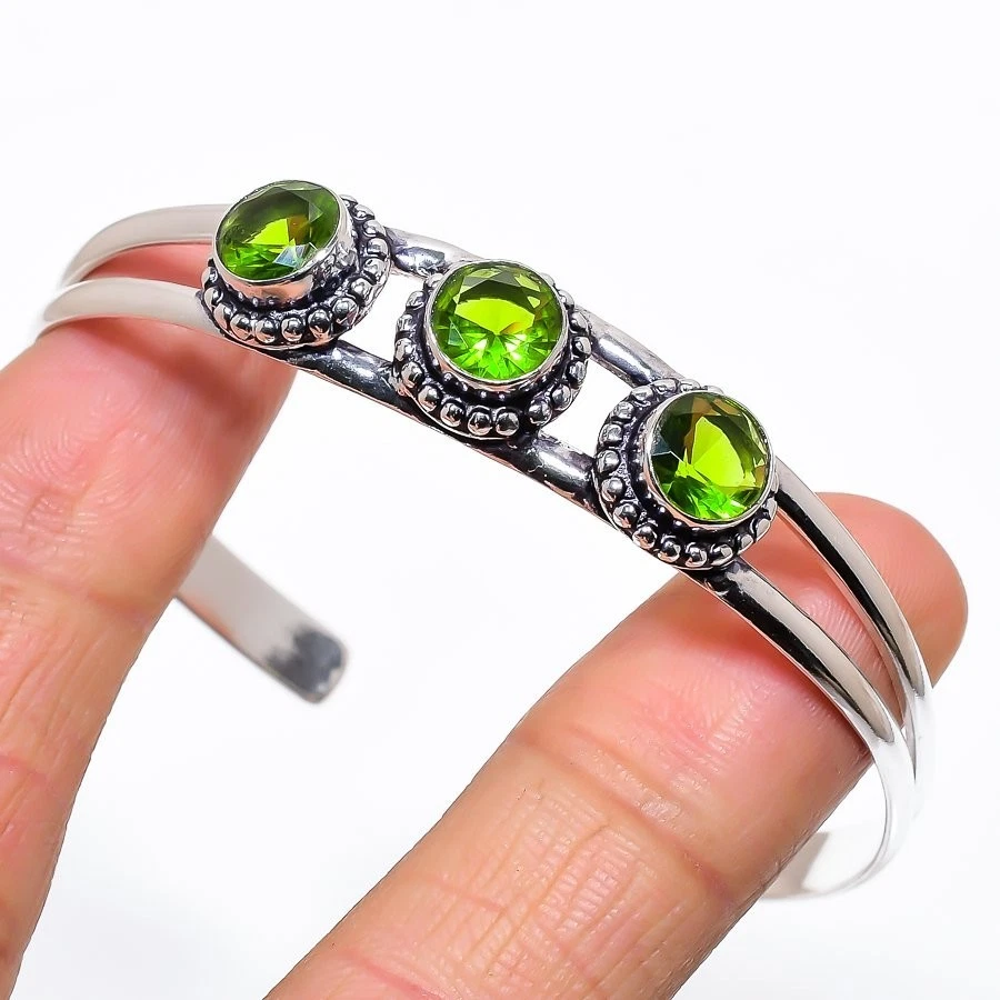Green Peridot Gemstone Handmade 925 Sterling Silver Adjustable Cuff Bracelet - Image 1 of 1