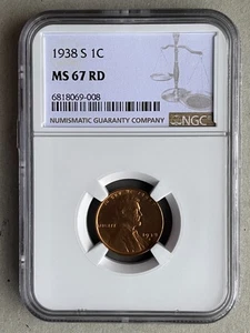 1938-S Lincoln Wheat Cent Penny - NGC MS67 RD !! - Business Strike - Ships Free! - Picture 1 of 11
