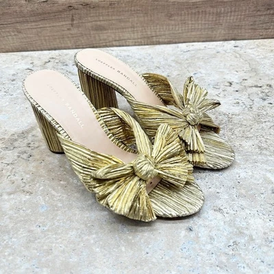 Loeffler Randall 女式穆勒鞋蝴蝶结高跟鞋 Emilia 金色打褶方跟 9B 码 — 第 1/4 张图片