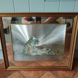 Josephine Marsh Tiger & Cubs Dufex Foil Mirror Mount framed picture silver MCM - Picture 1 of 16