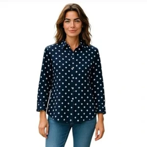 Chaps by Ralph Lauren gepunktetes Oberteil 3/4 Ärmel bügelfrei Bluse adrett marine Gr. 1X - Bild 1 von 8
