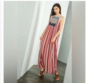 Anthropologie THML BOHO rot mehrfarbig gestreift Blumen bestickt Quaste Größe M - Bild 1 von 12