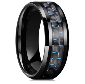 Herren Wolfram Ring mit Kohlefaser 10 mm schwarz und blau Ehering Schmuck  - Bild 1 von 1