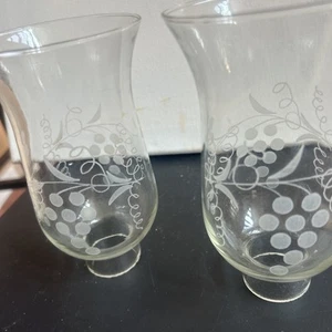 2 Vintage 6.5" Clear Grape Etched Glass Hurricane Lamp Candle Sconce Chimneys - Picture 1 of 2