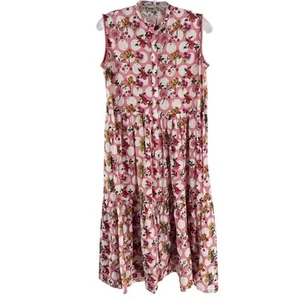 Khaadi Midikleid Blumen Gr. 10 rosa ärmellos Rüschen Knopfleiste - Bild 1 von 5