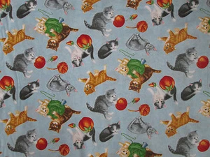 CATS WITH YARN KITTIES TOYS BLUE COTTON FABRIC FQ - Picture 1 of 4
