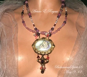 Artisan Victorian Style Porcelain Cameo Flowers Czech Glass Beads Pearl Necklace - Picture 1 of 1