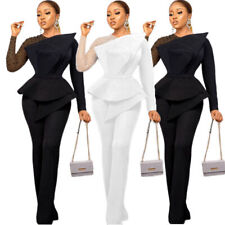 African Women Long Sleeve Pants Jumpsuit Mesh Beads Romper Overalls Outfits Plus