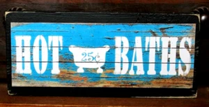 Hot Baths 25¢ Primitive Farmhouse Rustic Wooden Sign Block Shelf Sitter 2.5X5.5 - Picture 1 of 1